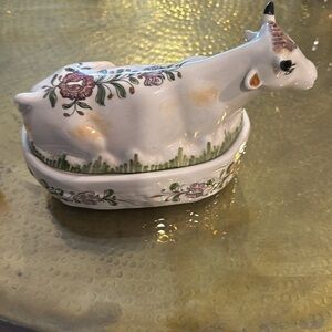 Hand-Painted Ceramic Cow Butter Dish - White with Floral Accents